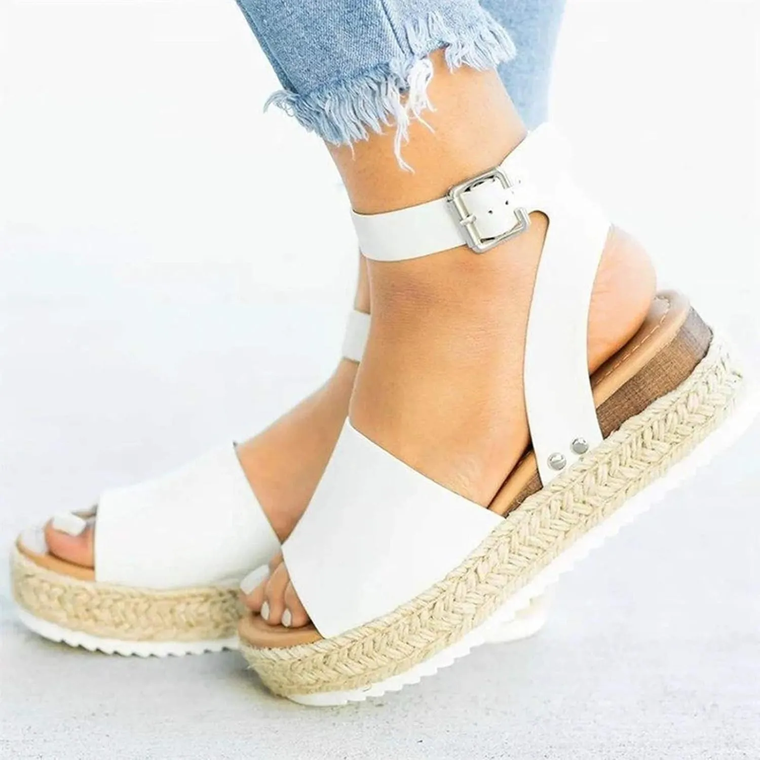 Cathalem Summer Sandals for Women 2025 Flat Open Toe Ankle Strap Espadrilles Flatform Platform Wedge Sandals Women