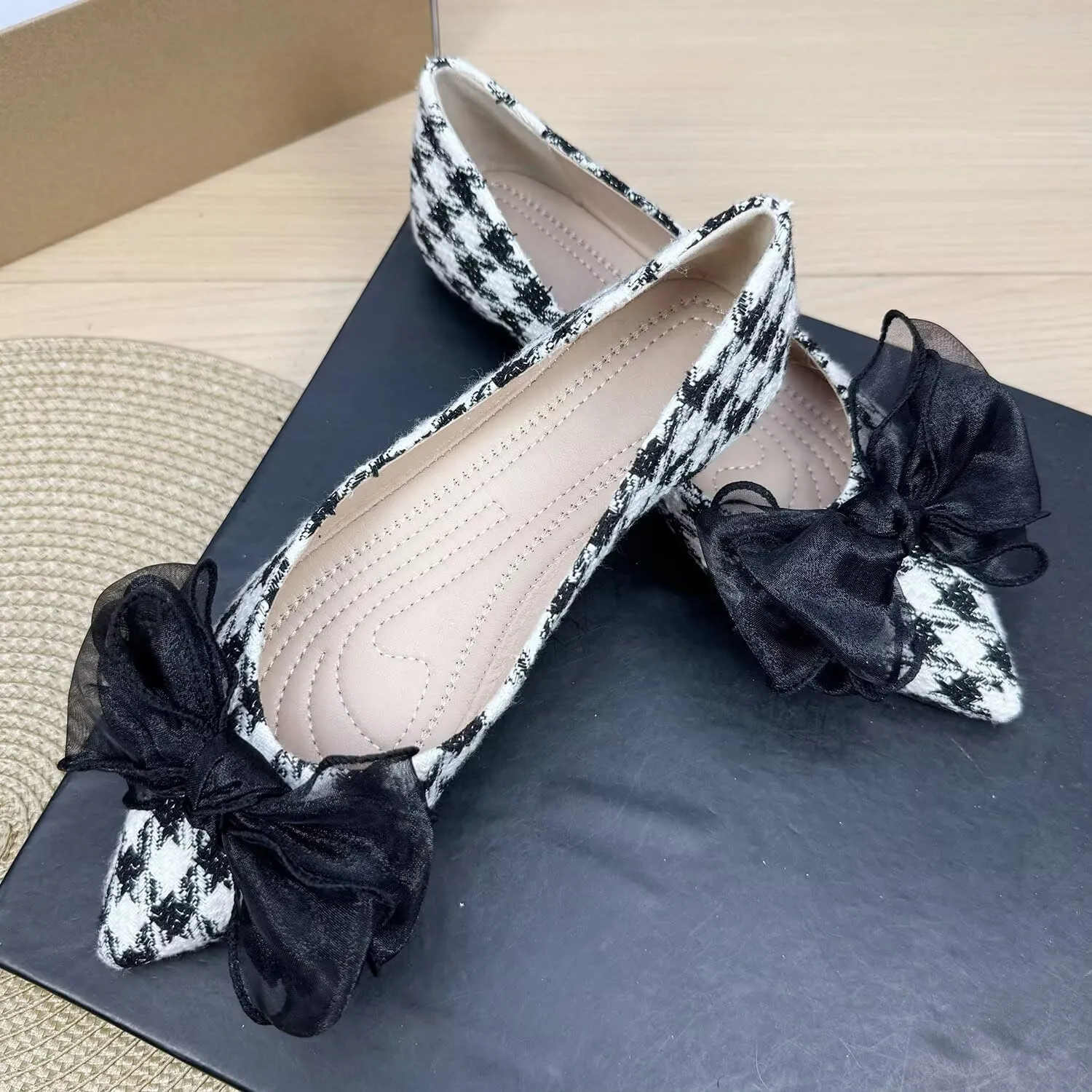 ChaiRong Zhou Women's Houndstooth Pointed Toe Flats Shoes Cute Bow Comfortable Dress Ballet Flats