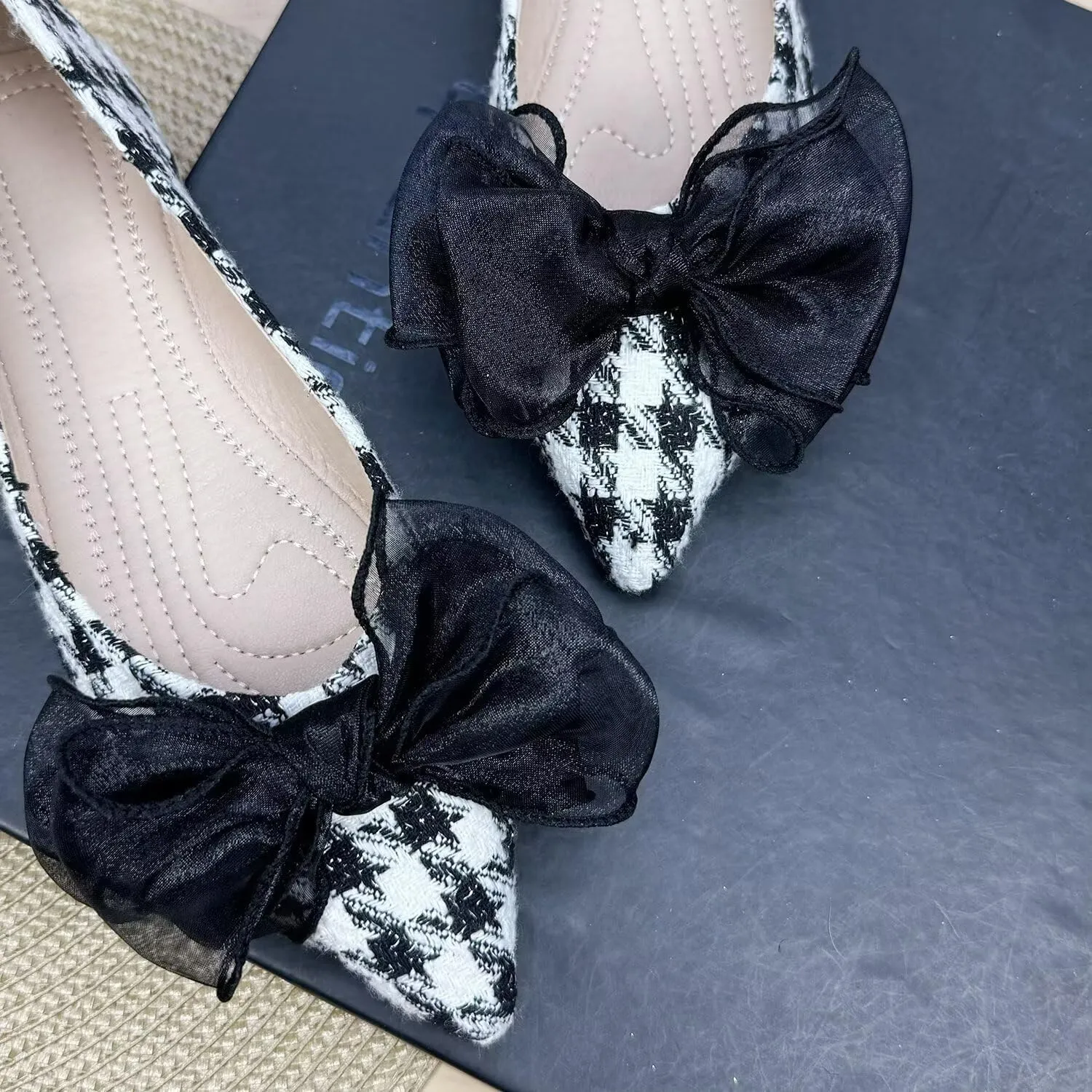 ChaiRong Zhou Women's Houndstooth Pointed Toe Flats Shoes Cute Bow Comfortable Dress Ballet Flats