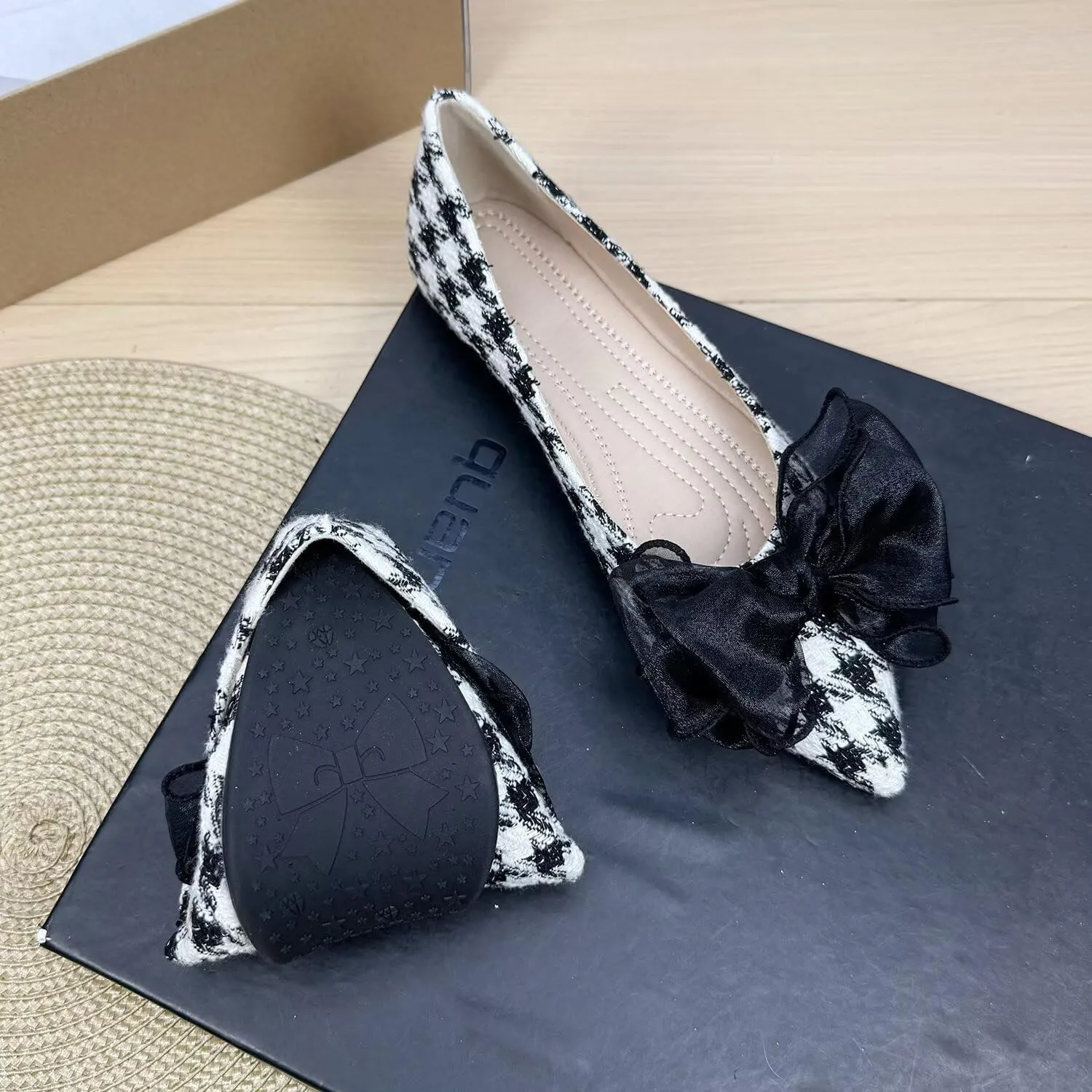 ChaiRong Zhou Women's Houndstooth Pointed Toe Flats Shoes Cute Bow Comfortable Dress Ballet Flats