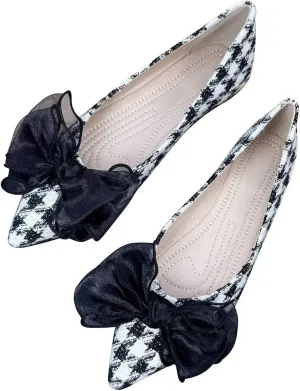ChaiRong Zhou Women's Houndstooth Pointed Toe Flats Shoes Cute Bow Comfortable Dress Ballet Flats