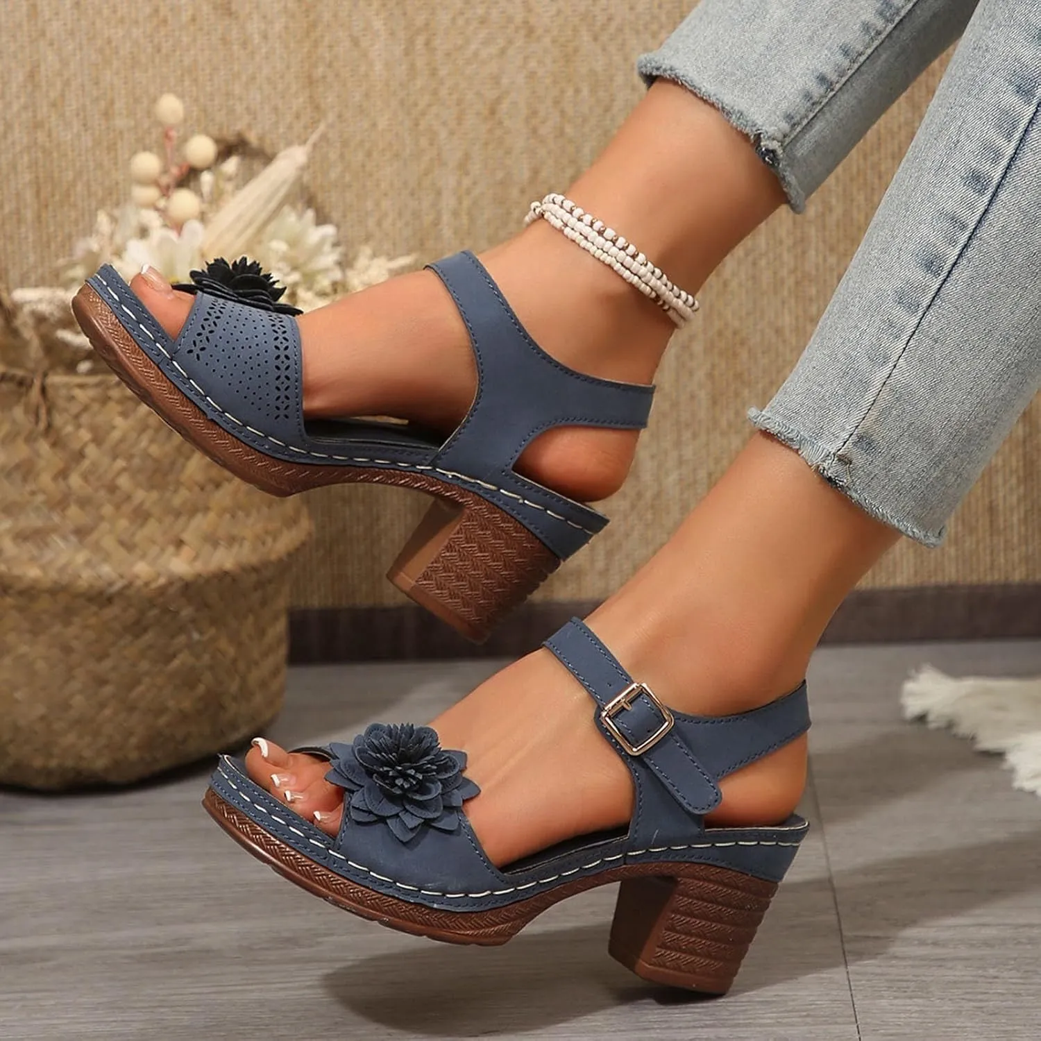 Chunky Heels for Women Sexy, Fashion Summer Block Heels Dressy Comfortable Open Toe Strappy Sandals Ankle Strap Stacked Platform Heels Slip On Mules Wedges Heels for Women Sandals