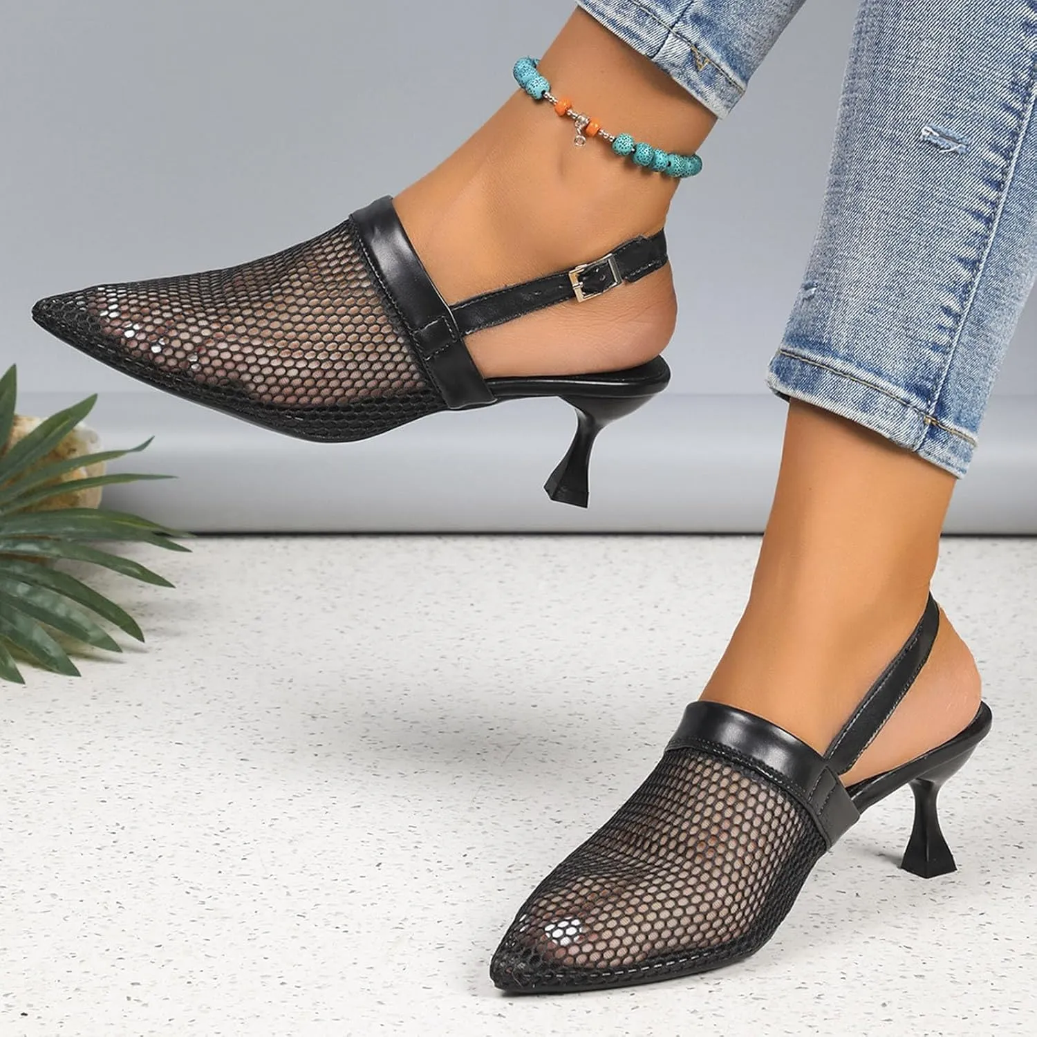 Closed Toe Ankle Strap Heels Women Pumps Pointed Toe Heeled Sandals Hollow Out Breathable Slides Adjustable Buckle