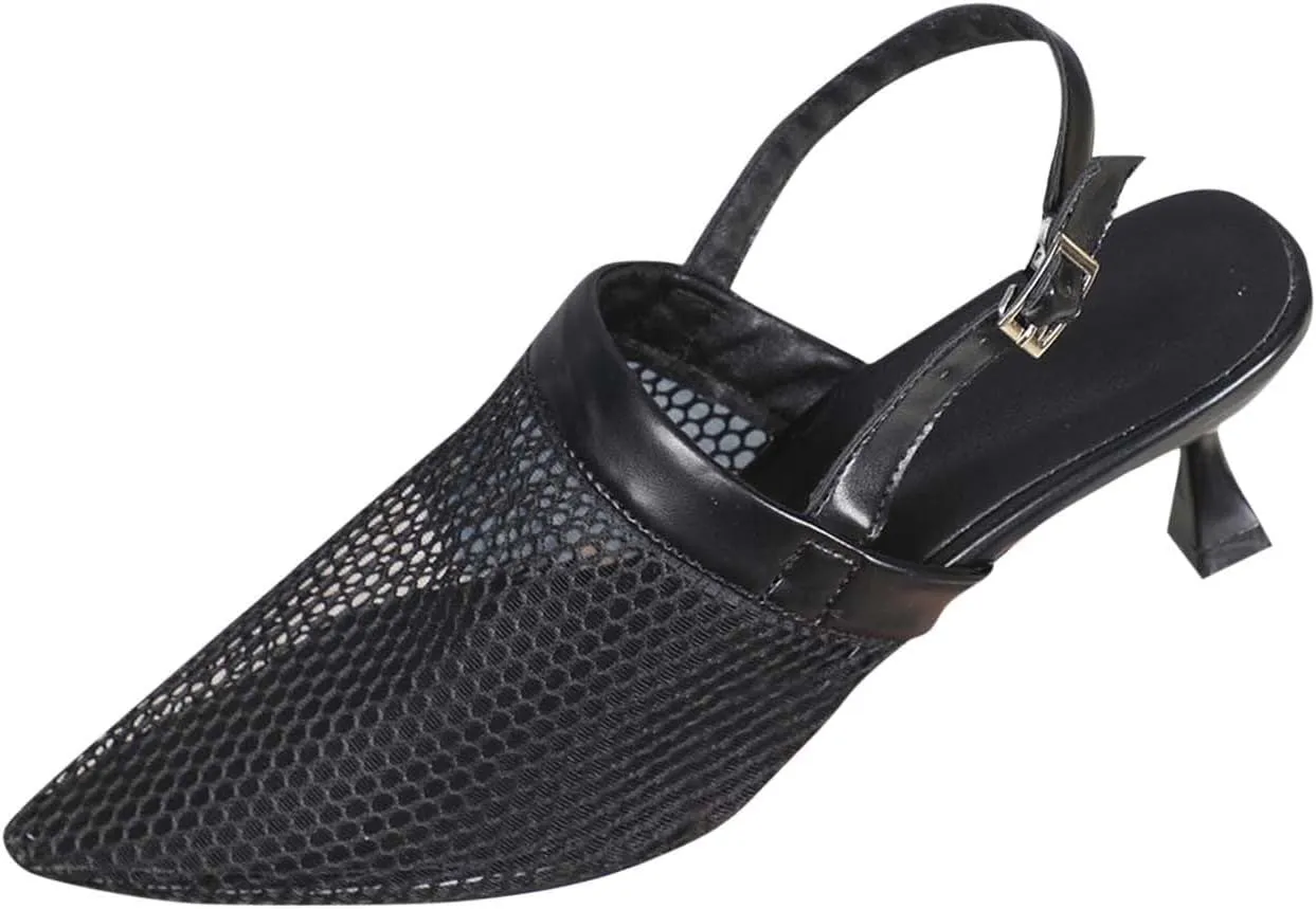 Closed Toe Ankle Strap Heels Women Pumps Pointed Toe Heeled Sandals Hollow Out Breathable Slides Adjustable Buckle