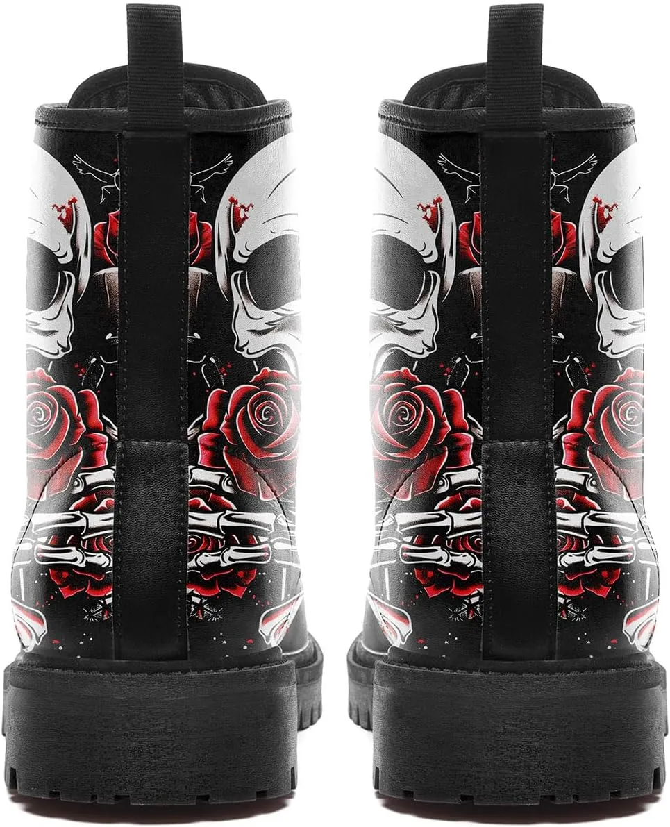 Combat Boots for Men Womens Fashion Lace-Up Skull Rose Ankle Booties Chunky Heel Platform Leather Work Boots