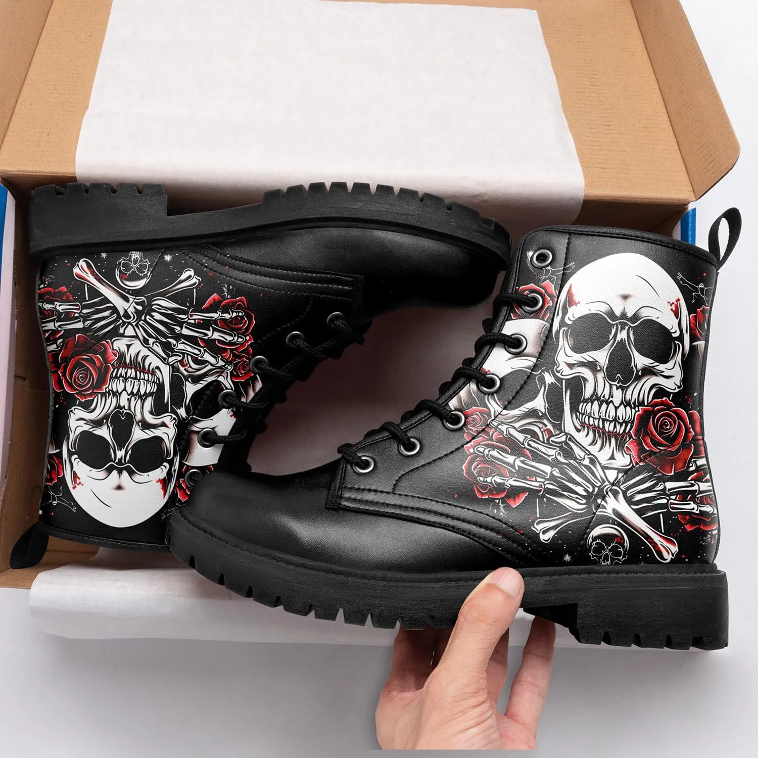 Combat Boots for Men Womens Fashion Lace-Up Skull Rose Ankle Booties Chunky Heel Platform Leather Work Boots