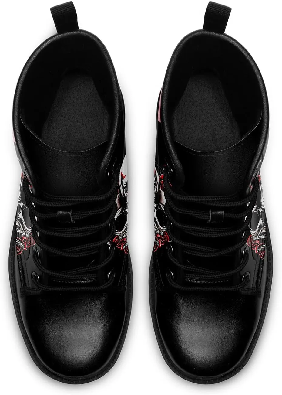 Combat Boots for Men Womens Fashion Lace-Up Skull Rose Ankle Booties Chunky Heel Platform Leather Work Boots