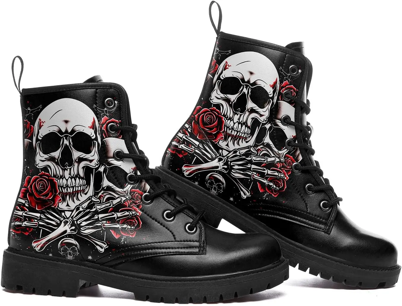 Combat Boots for Men Womens Fashion Lace-Up Skull Rose Ankle Booties Chunky Heel Platform Leather Work Boots