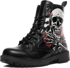 Combat Boots for Men Womens Fashion Lace-Up Skull Rose Ankle Booties Chunky Heel Platform Leather Work Boots