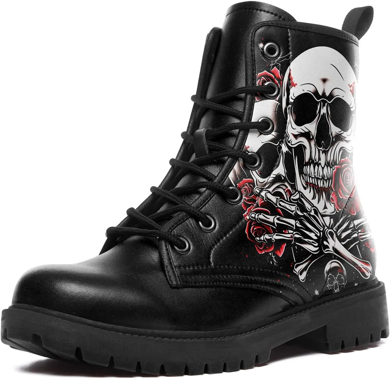 Combat Boots for Men Womens Fashion Lace-Up Skull Rose Ankle Booties Chunky Heel Platform Leather Work Boots