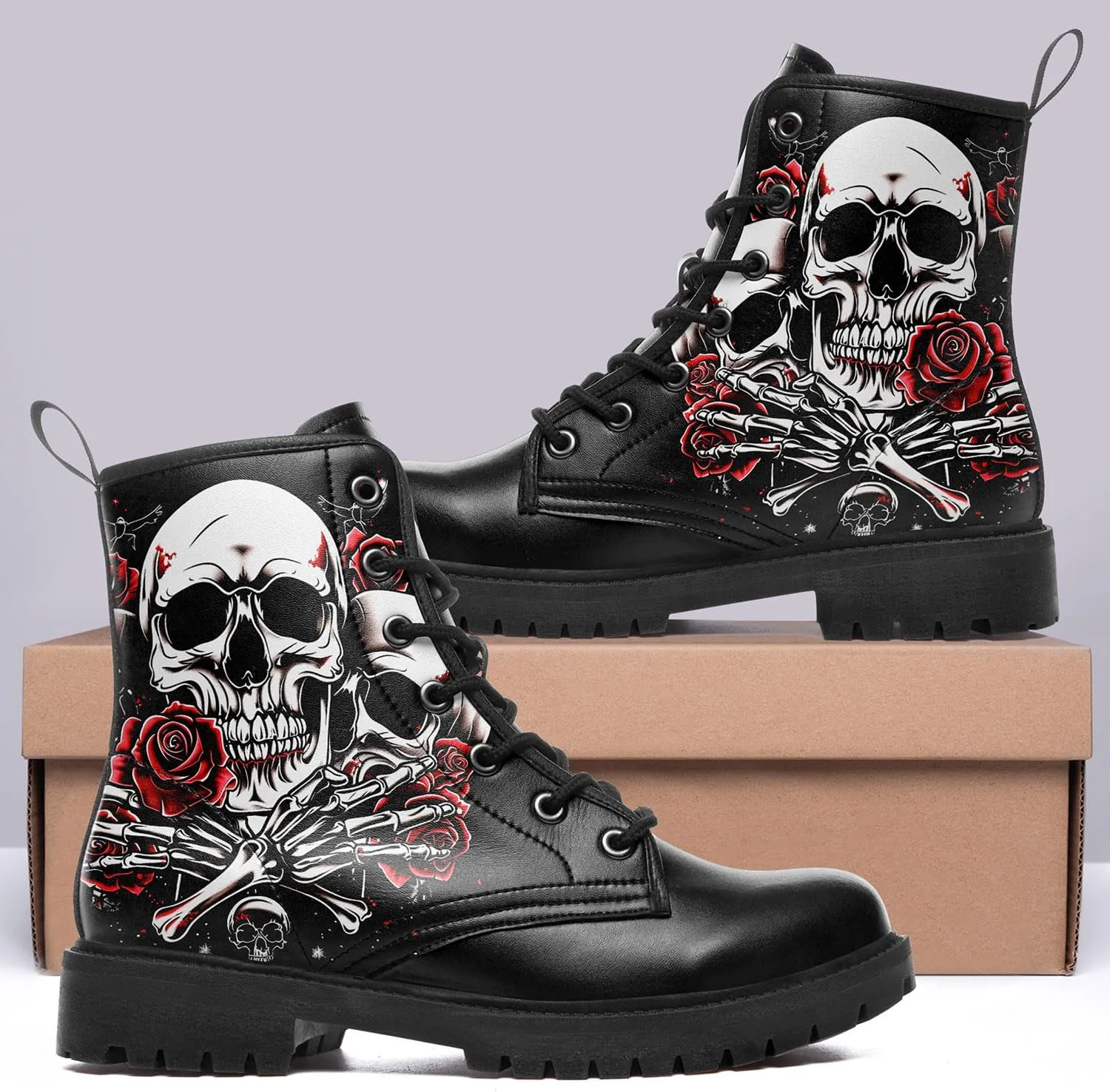 Combat Boots for Men Womens Fashion Lace-Up Skull Rose Ankle Booties Chunky Heel Platform Leather Work Boots