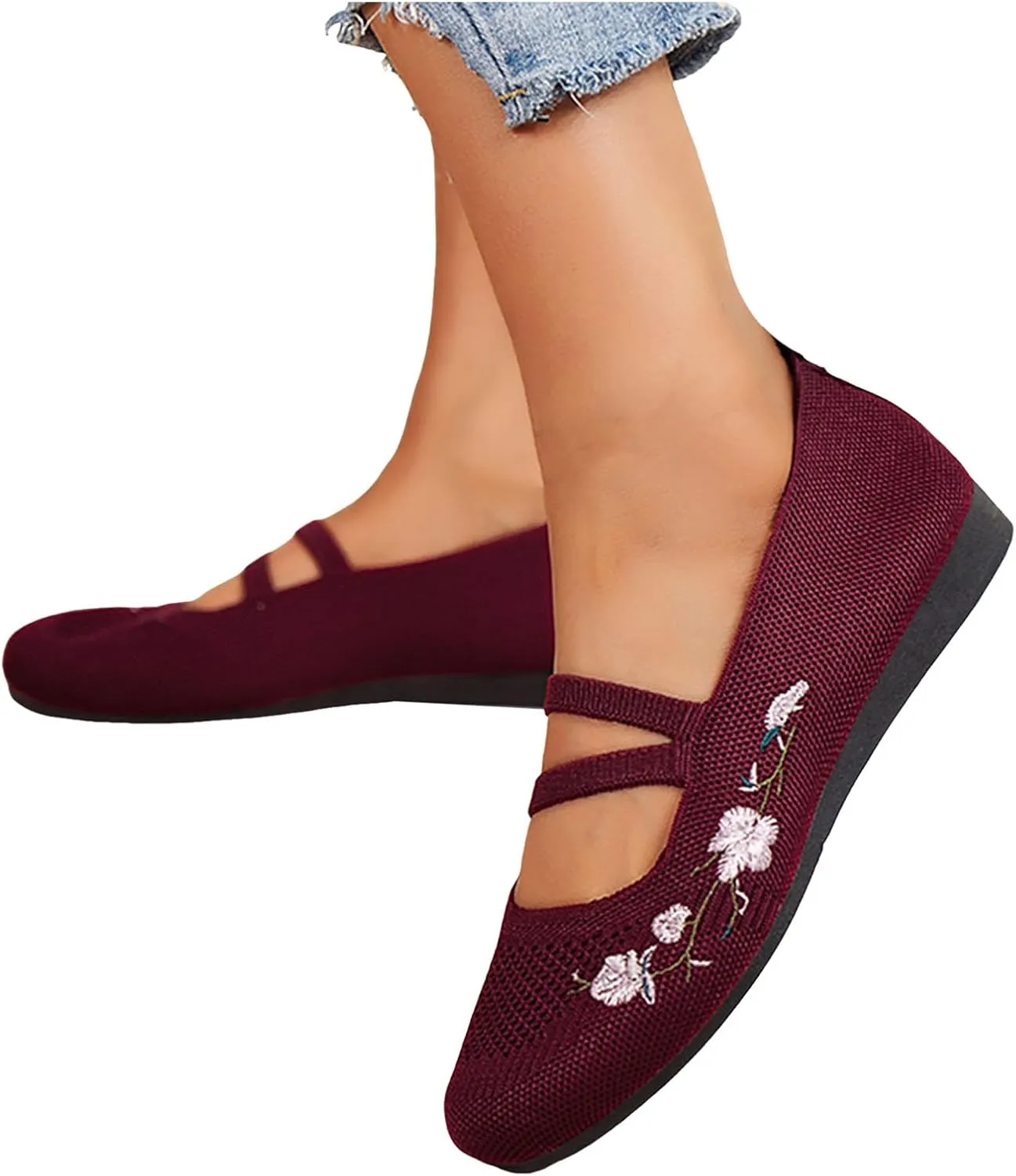 Comfortable Round Toe Stretch Knit Flats Shoes Women, Casual Walking Slip On Ballet Flat