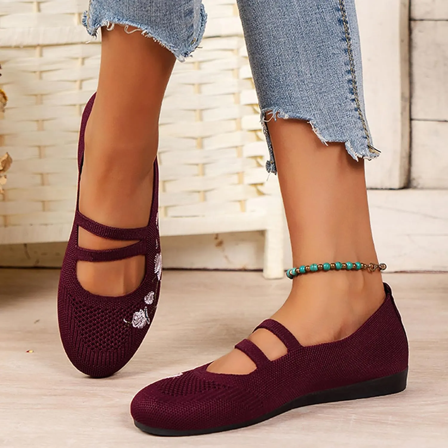 Comfortable Round Toe Stretch Knit Flats Shoes Women, Casual Walking Slip On Ballet Flat