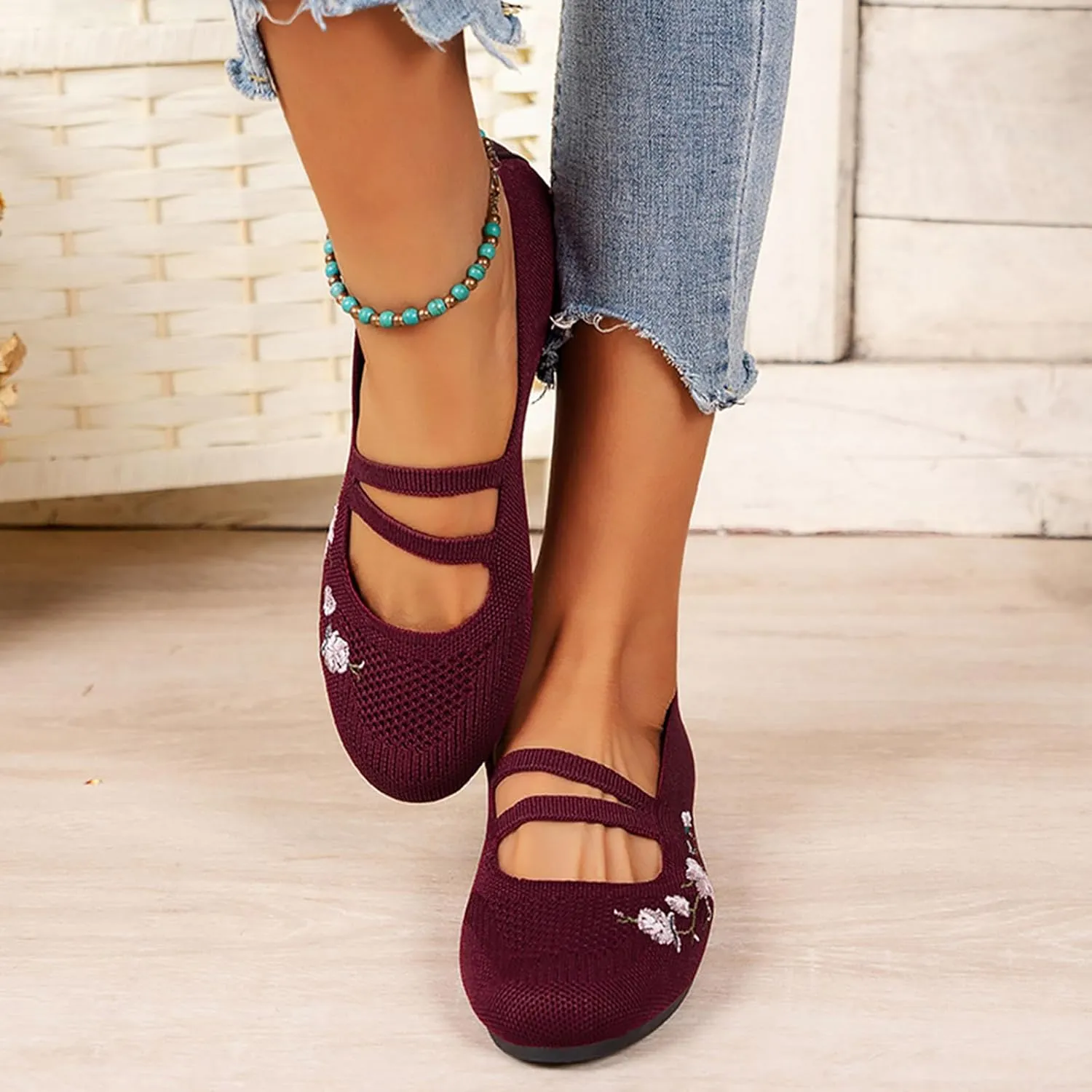 Comfortable Round Toe Stretch Knit Flats Shoes Women, Casual Walking Slip On Ballet Flat