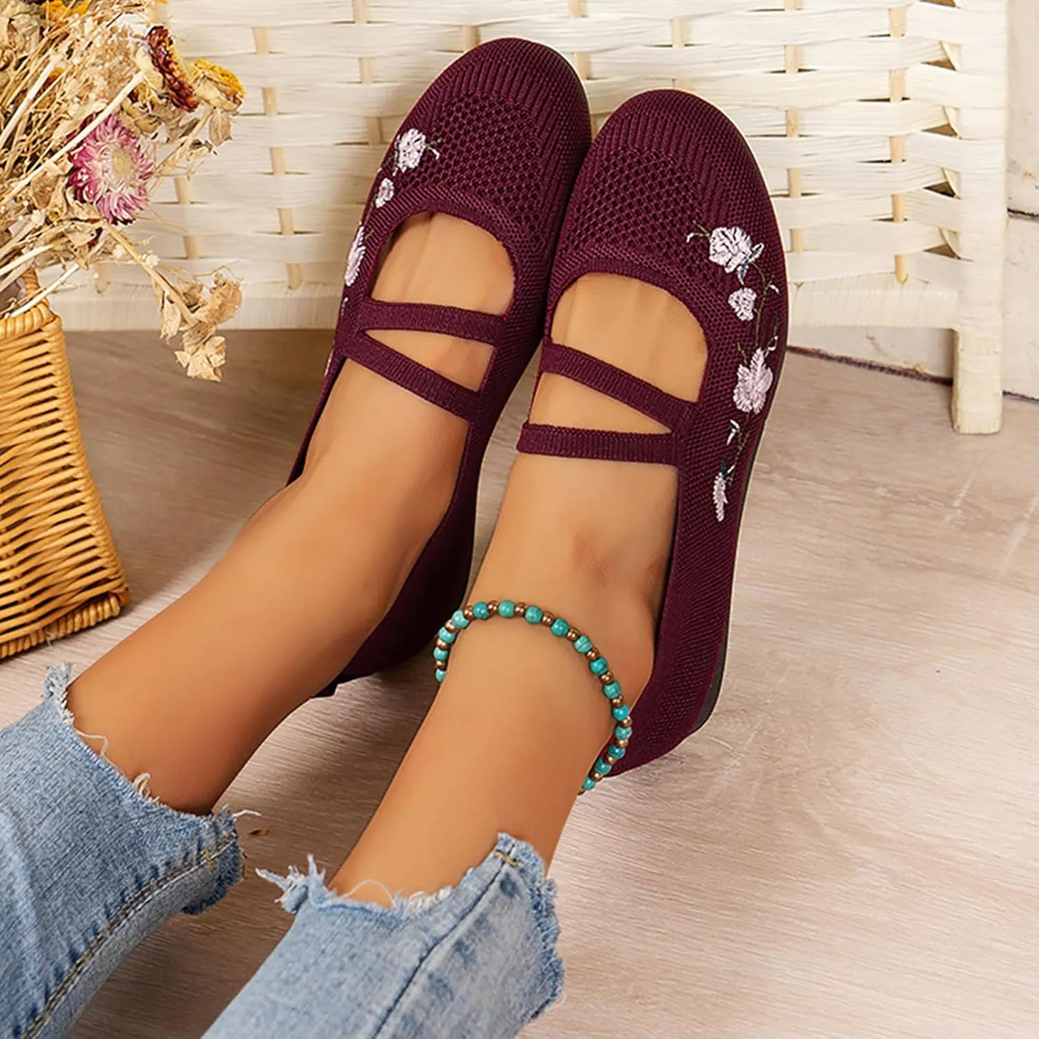 Comfortable Round Toe Stretch Knit Flats Shoes Women, Casual Walking Slip On Ballet Flat