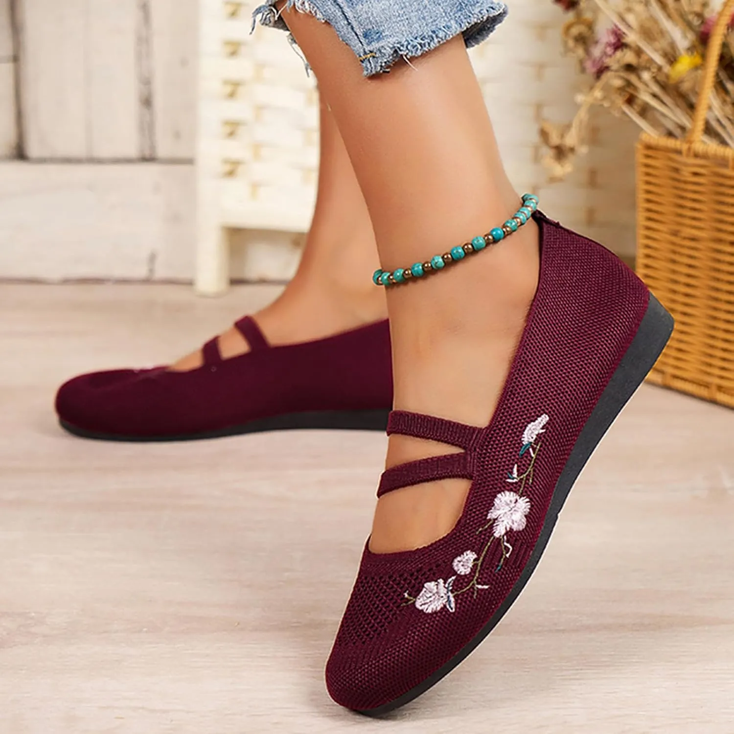 Comfortable Round Toe Stretch Knit Flats Shoes Women, Casual Walking Slip On Ballet Flat
