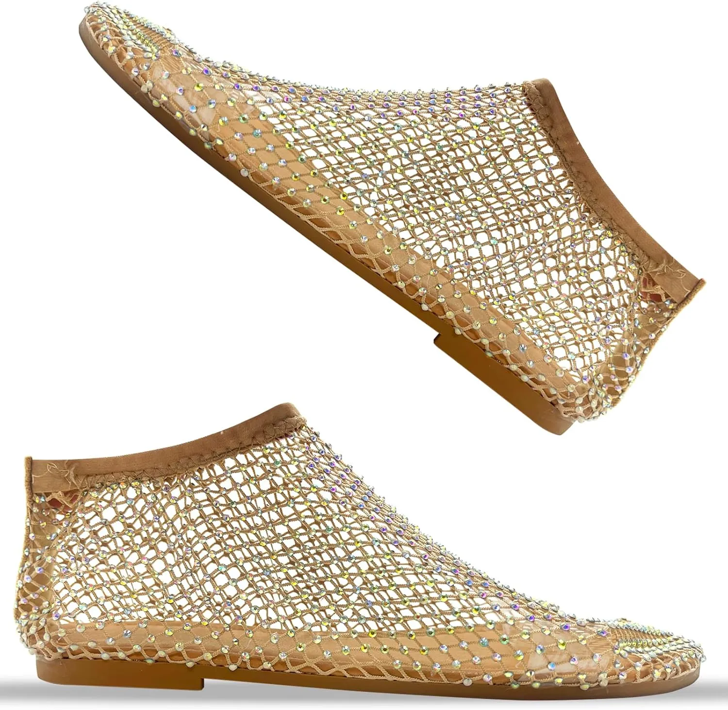 Comfortable Shiny Mesh Flats for Women – Fishnet Summer Ballet Flats Sandals with Low Heel