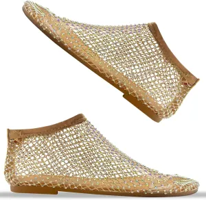 Comfortable Shiny Mesh Flats for Women – Fishnet Summer Ballet Flats Sandals with Low Heel