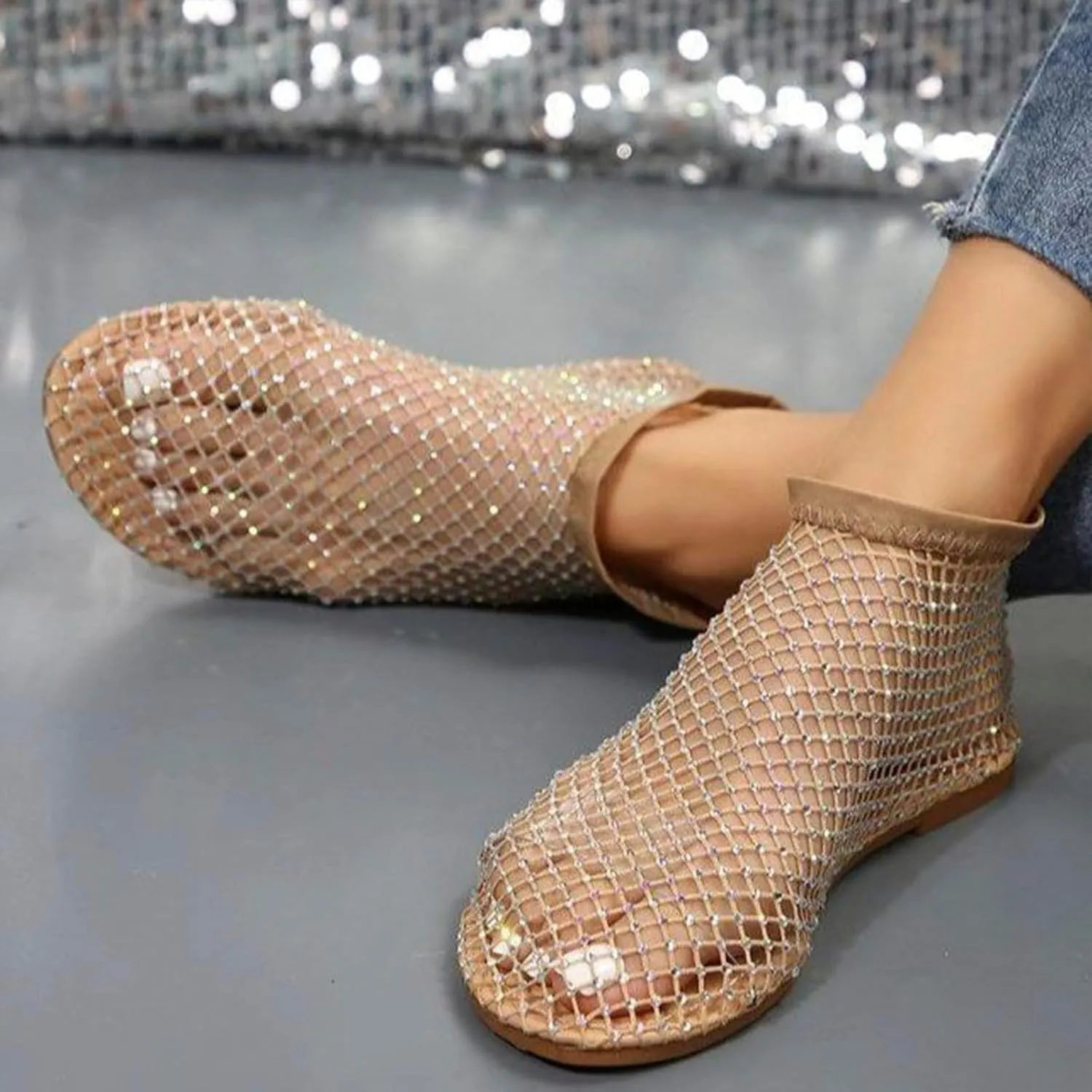 Comfortable Shiny Mesh Flats for Women – Fishnet Summer Ballet Flats Sandals with Low Heel