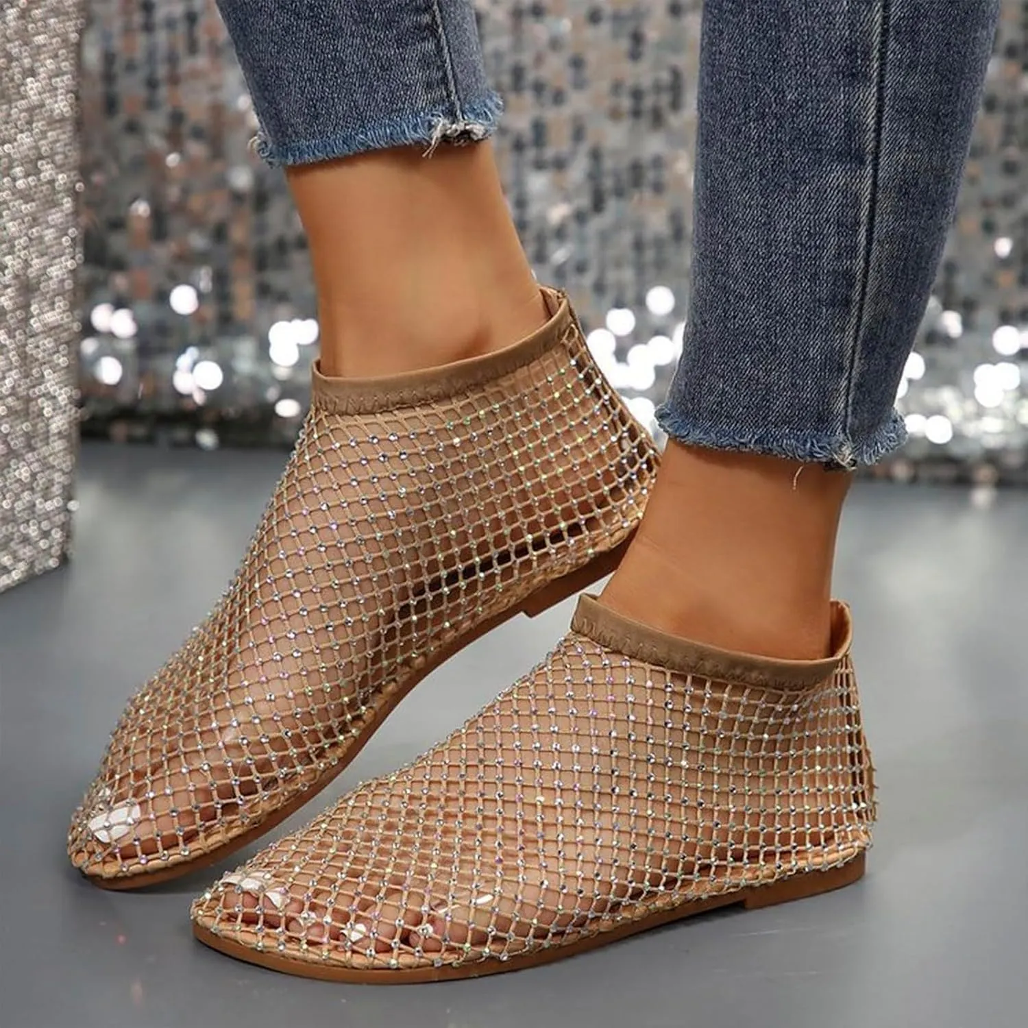 Comfortable Shiny Mesh Flats for Women – Fishnet Summer Ballet Flats Sandals with Low Heel