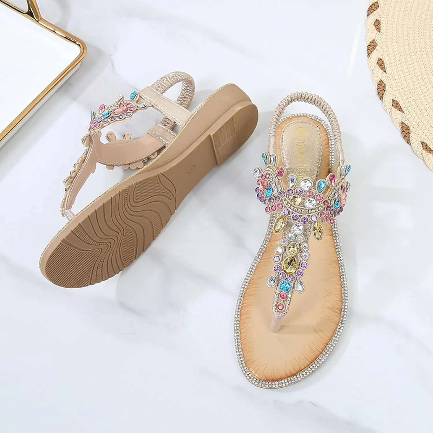 Comfortable Women's Sandals Summer Bohemian Rhinestone Beach Flip Flops Sandals Casual Flat Elastic Strap Sandals