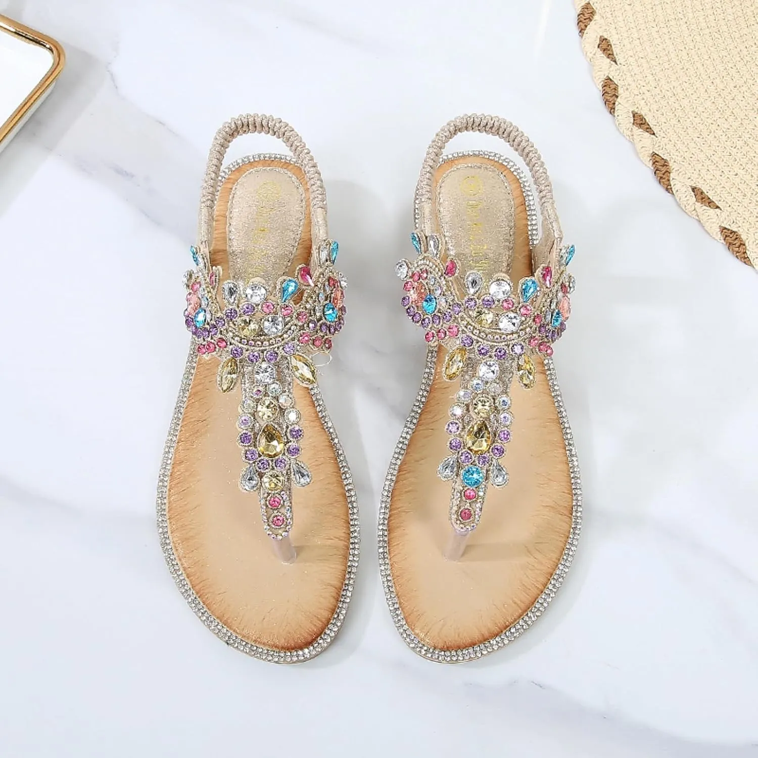 Comfortable Women's Sandals Summer Bohemian Rhinestone Beach Flip Flops Sandals Casual Flat Elastic Strap Sandals