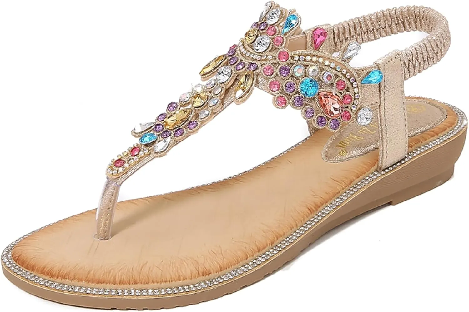 Comfortable Women's Sandals Summer Bohemian Rhinestone Beach Flip Flops Sandals Casual Flat Elastic Strap Sandals