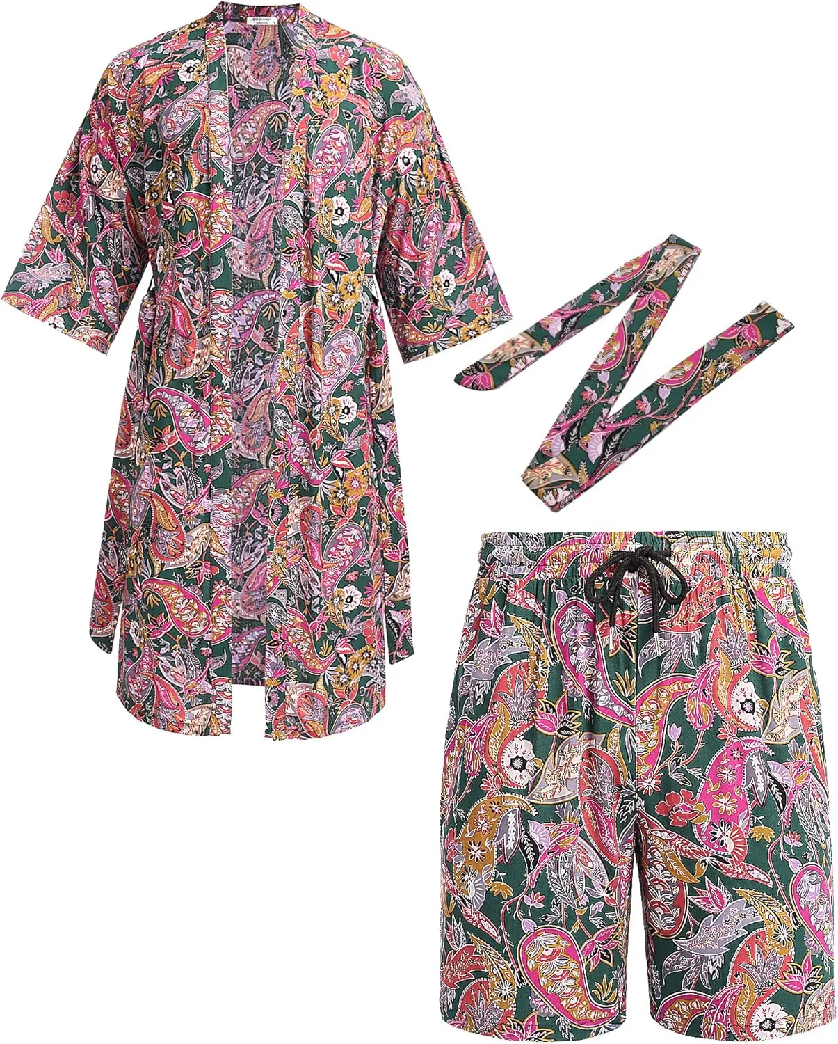 COOFANDY Men Lightweight 2 Piece Kimono Robe with Shorts Japanese Robes Casual Open Front Long Cardigan With Belt