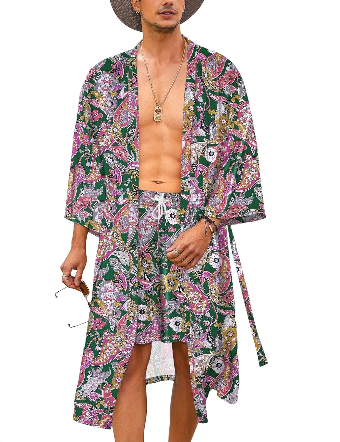 COOFANDY Men Lightweight 2 Piece Kimono Robe with Shorts Japanese Robes Casual Open Front Long Cardigan With Belt