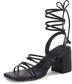 Coutgo Women's Strappy Chunky Heels Sandals Lace Up Block Heel Square Open Toe Dress Shoes