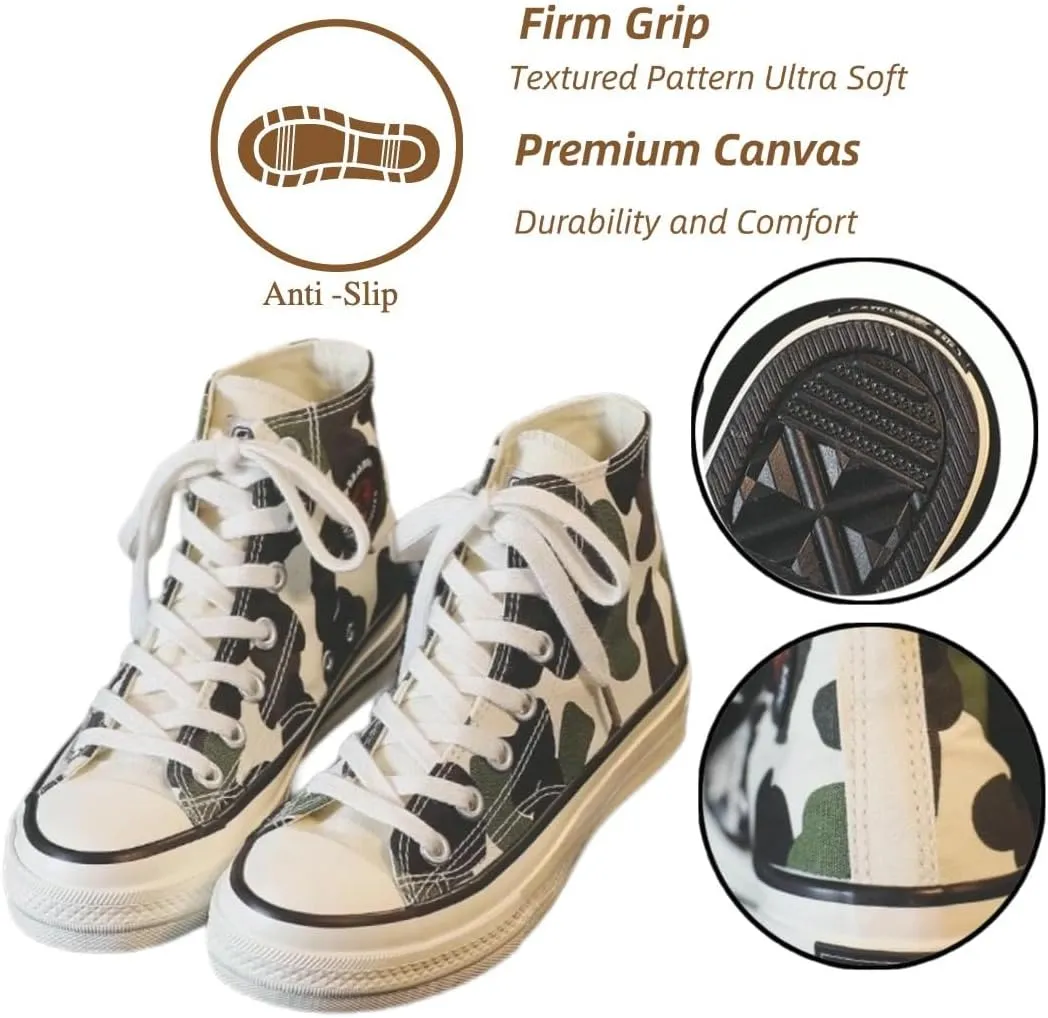 Cow Print Canvas Sneakers for Women – High Top Lace-Up Casual Shoes, Retro Korean Style Streetwear for Teens Girls