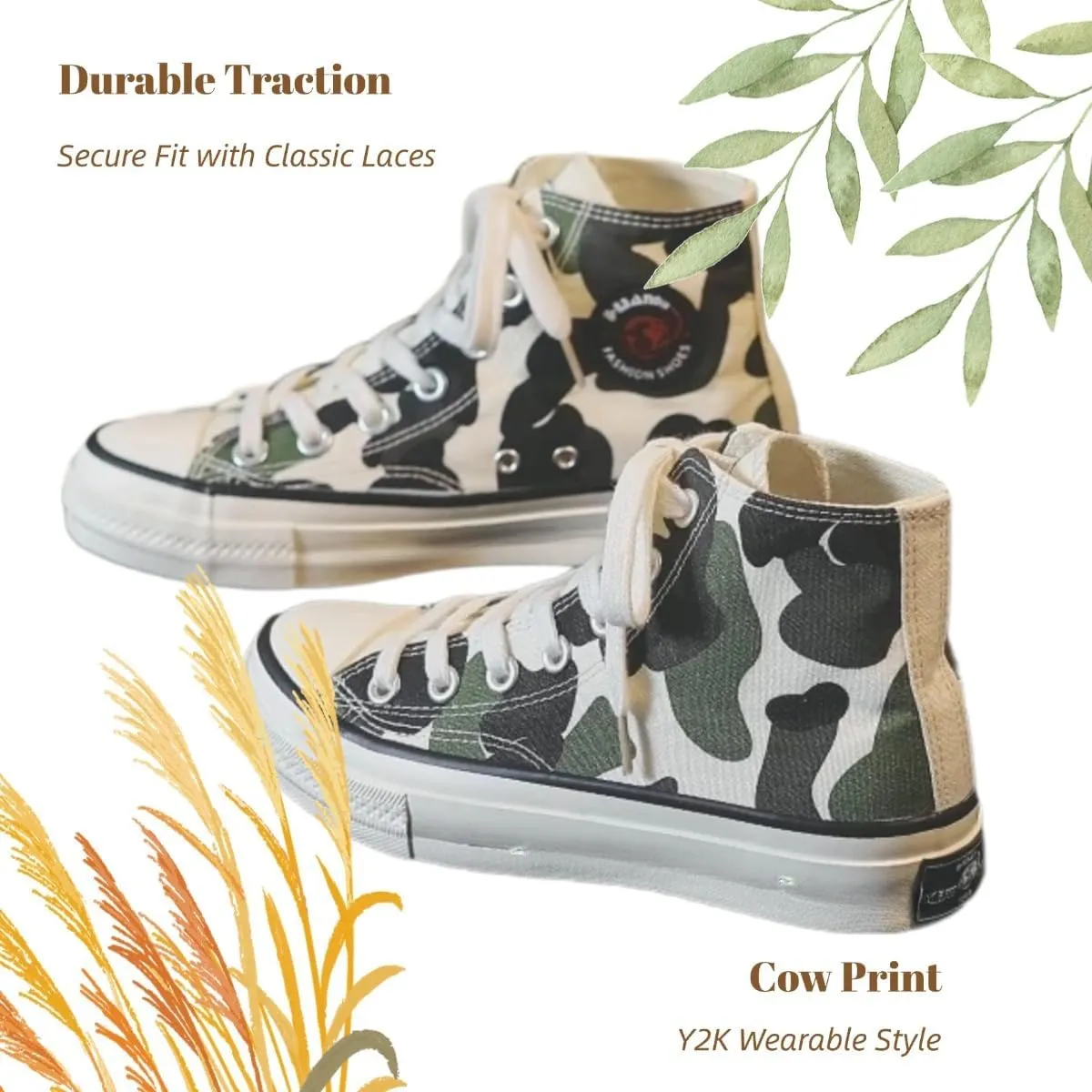 Cow Print Canvas Sneakers for Women – High Top Lace-Up Casual Shoes, Retro Korean Style Streetwear for Teens Girls
