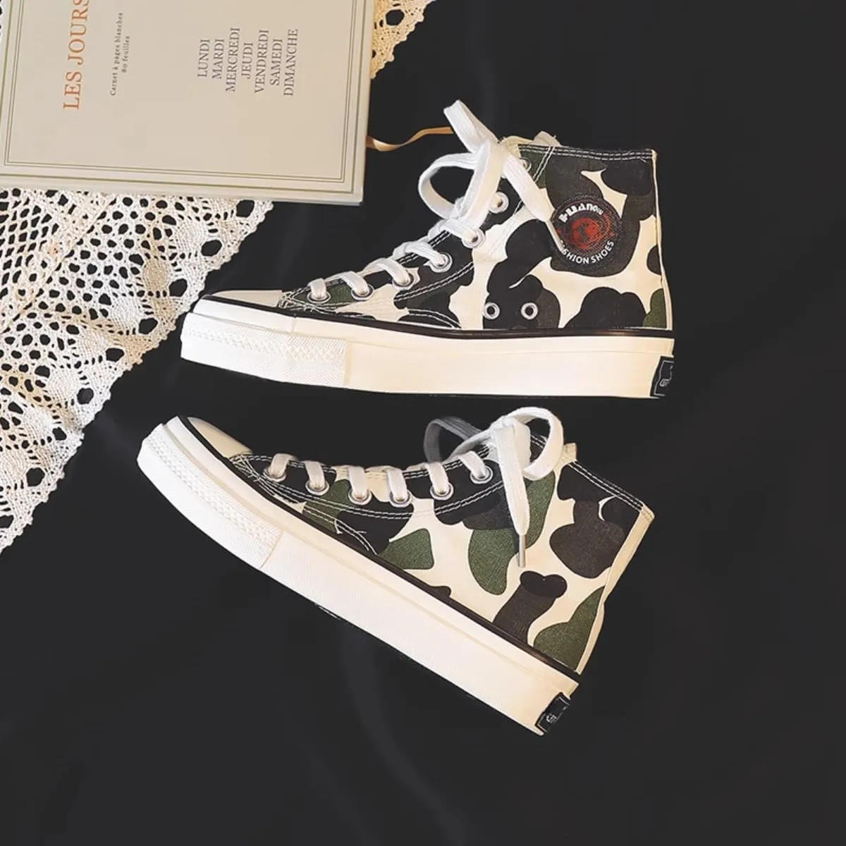 Cow Print Canvas Sneakers for Women – High Top Lace-Up Casual Shoes, Retro Korean Style Streetwear for Teens Girls
