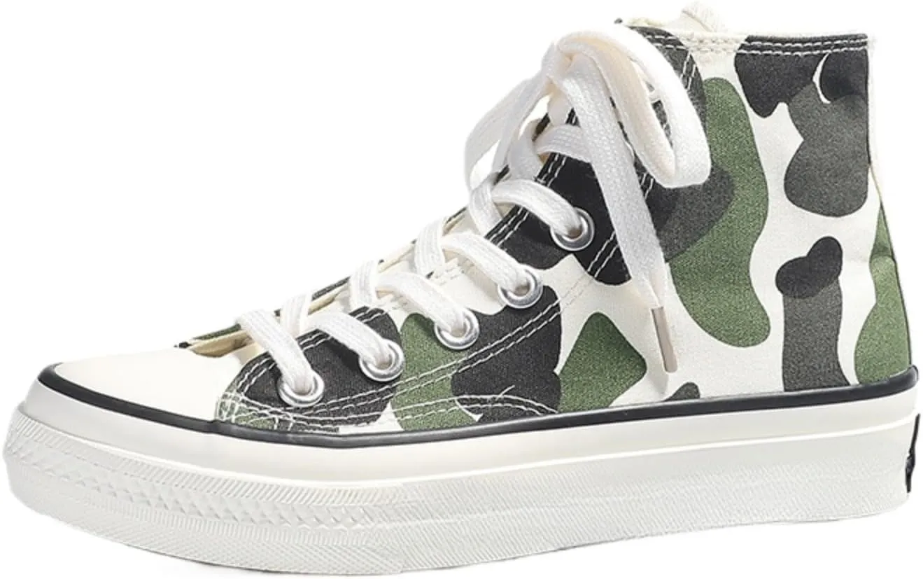 Cow Print Canvas Sneakers for Women – High Top Lace-Up Casual Shoes, Retro Korean Style Streetwear for Teens Girls