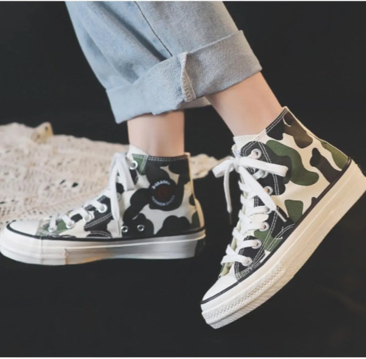 Cow Print Canvas Sneakers for Women – High Top Lace-Up Casual Shoes, Retro Korean Style Streetwear for Teens Girls