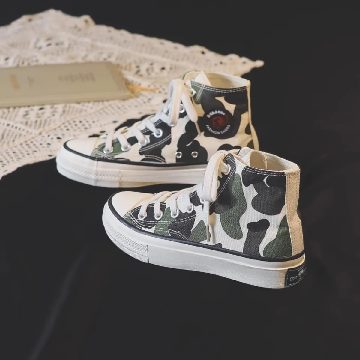 Cow Print Canvas Sneakers for Women – High Top Lace-Up Casual Shoes, Retro Korean Style Streetwear for Teens Girls