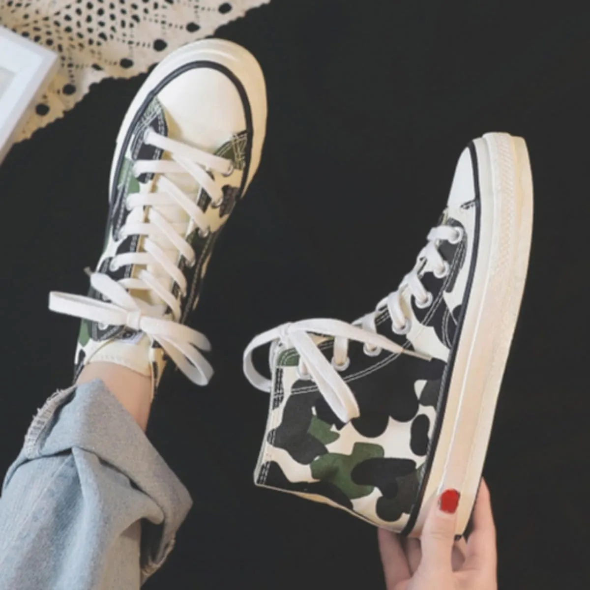 Cow Print Canvas Sneakers for Women – High Top Lace-Up Casual Shoes, Retro Korean Style Streetwear for Teens Girls