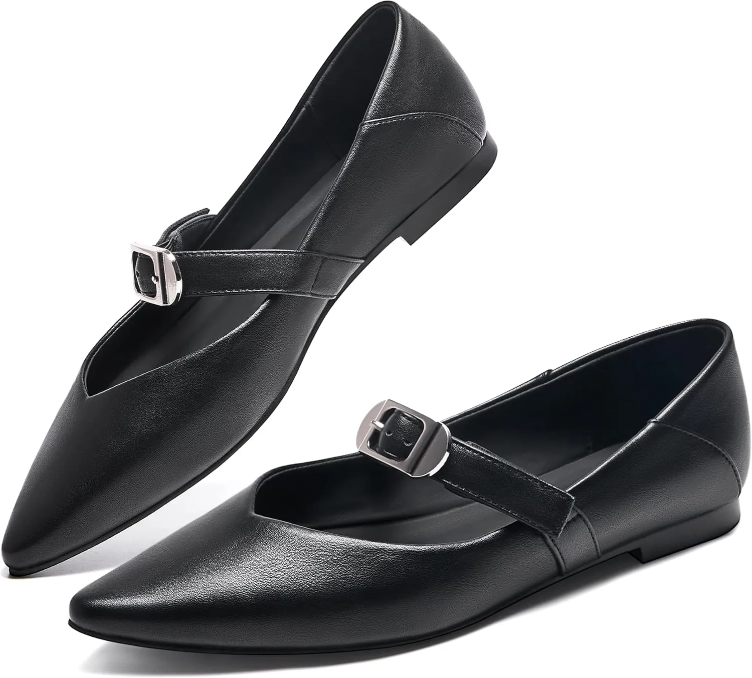 Cozivwaiy Women's Mary Jane Flats Adjustable Strap Ballet Flat Shoes Buckle Pointed Toe Black Ballerina Dress Shoe Casual Walking Shoes Comfort
