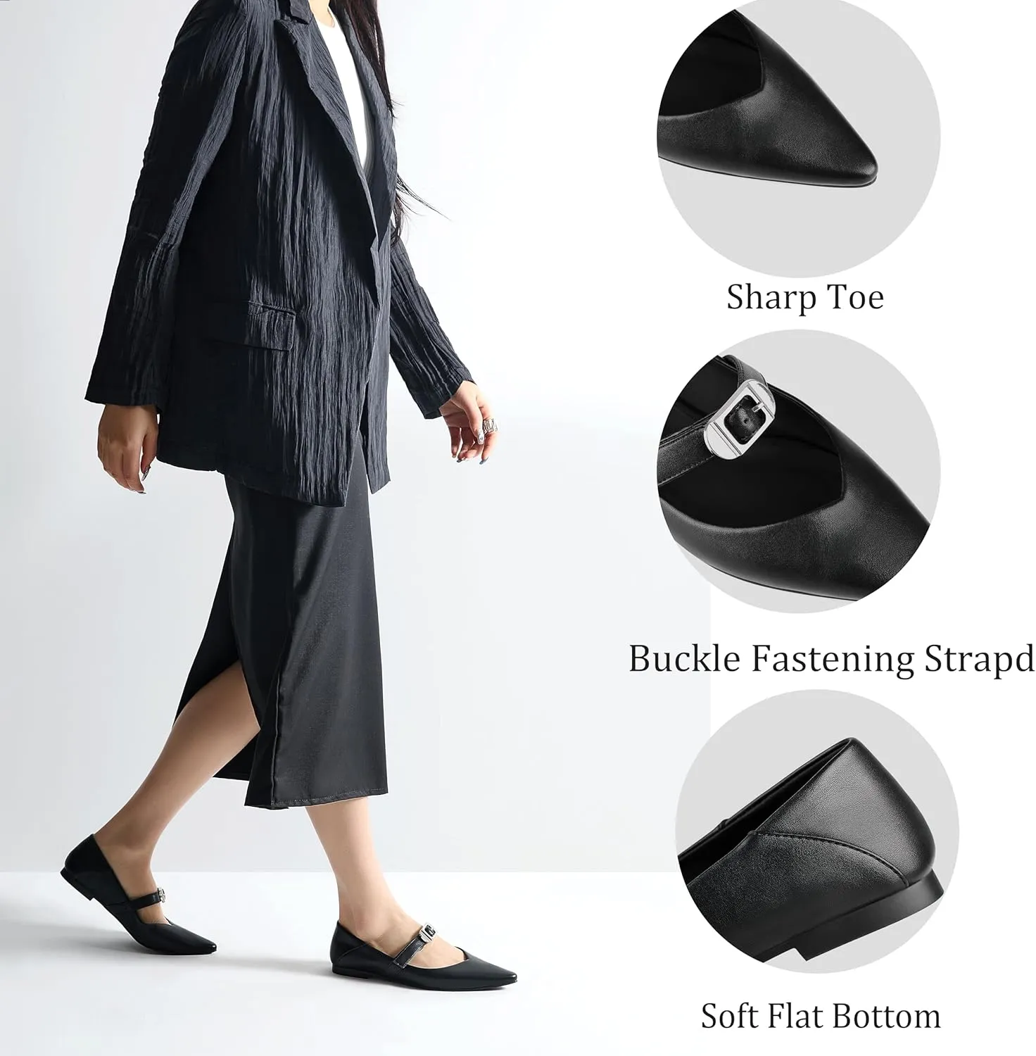 Cozivwaiy Women's Mary Jane Flats Adjustable Strap Ballet Flat Shoes Buckle Pointed Toe Black Ballerina Dress Shoe Casual Walking Shoes Comfort