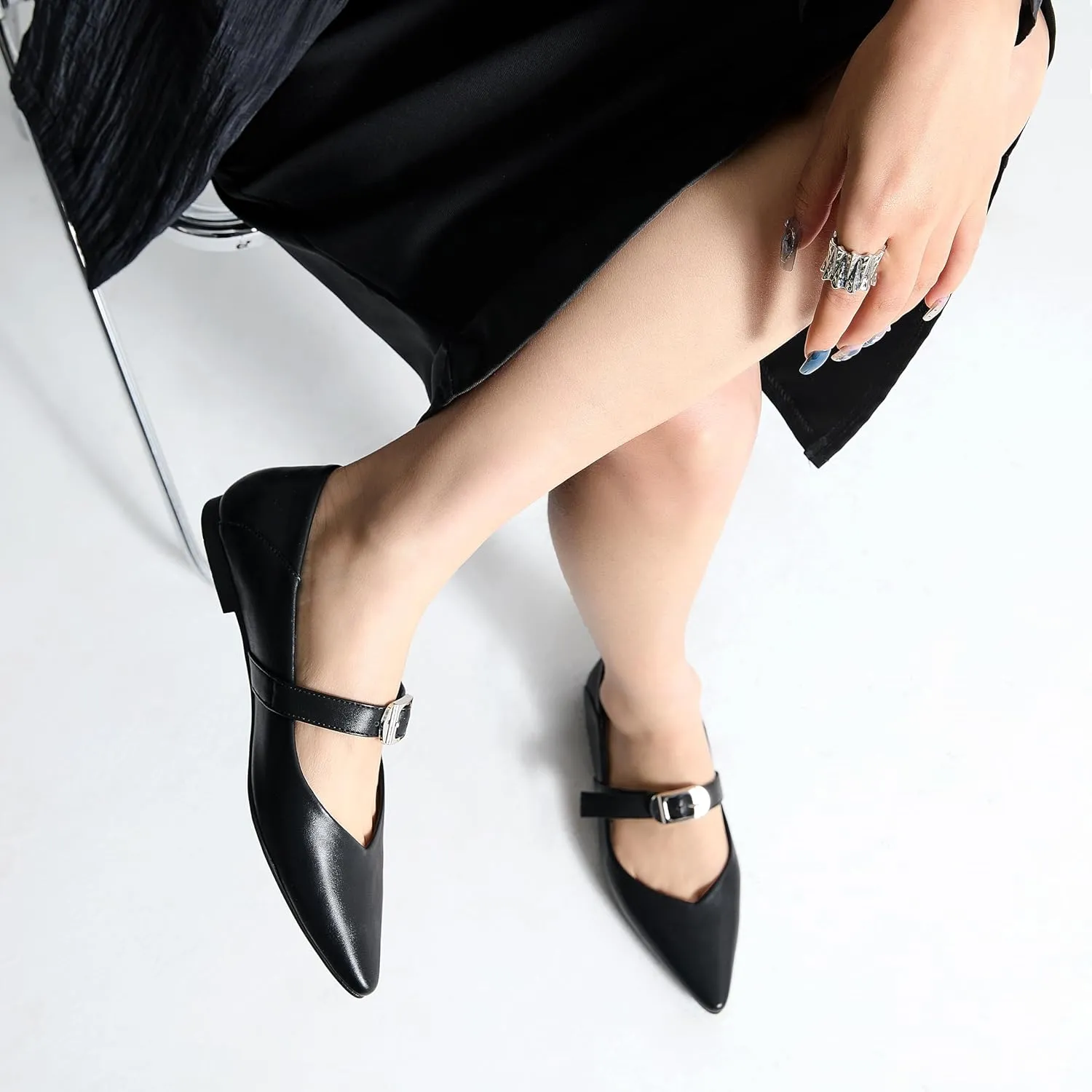Cozivwaiy Women's Mary Jane Flats Adjustable Strap Ballet Flat Shoes Buckle Pointed Toe Black Ballerina Dress Shoe Casual Walking Shoes Comfort