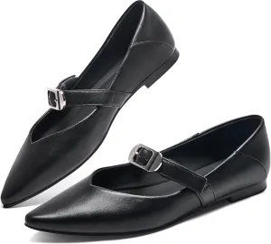Cozivwaiy Women's Mary Jane Flats Adjustable Strap Ballet Flat Shoes Buckle Pointed Toe Black Ballerina Dress Shoe Casual Walking Shoes Comfort
