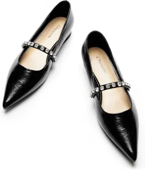 C.Paravano Crystal Strap Flats Pointed Toe Shoes Mary Jane Women's Flats for Dressy Office Causal (Size 6.5,Black)