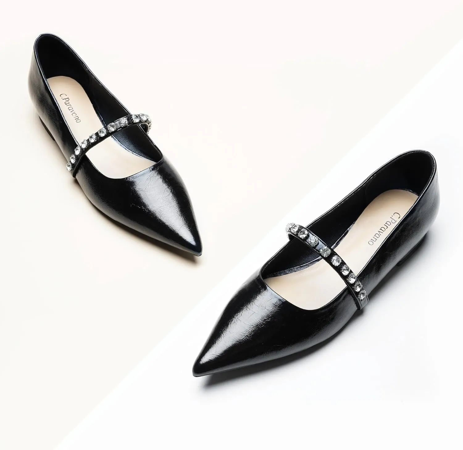 C.Paravano Crystal Strap Flats Pointed Toe Shoes Mary Jane Women's Flats for Dressy Office Causal
