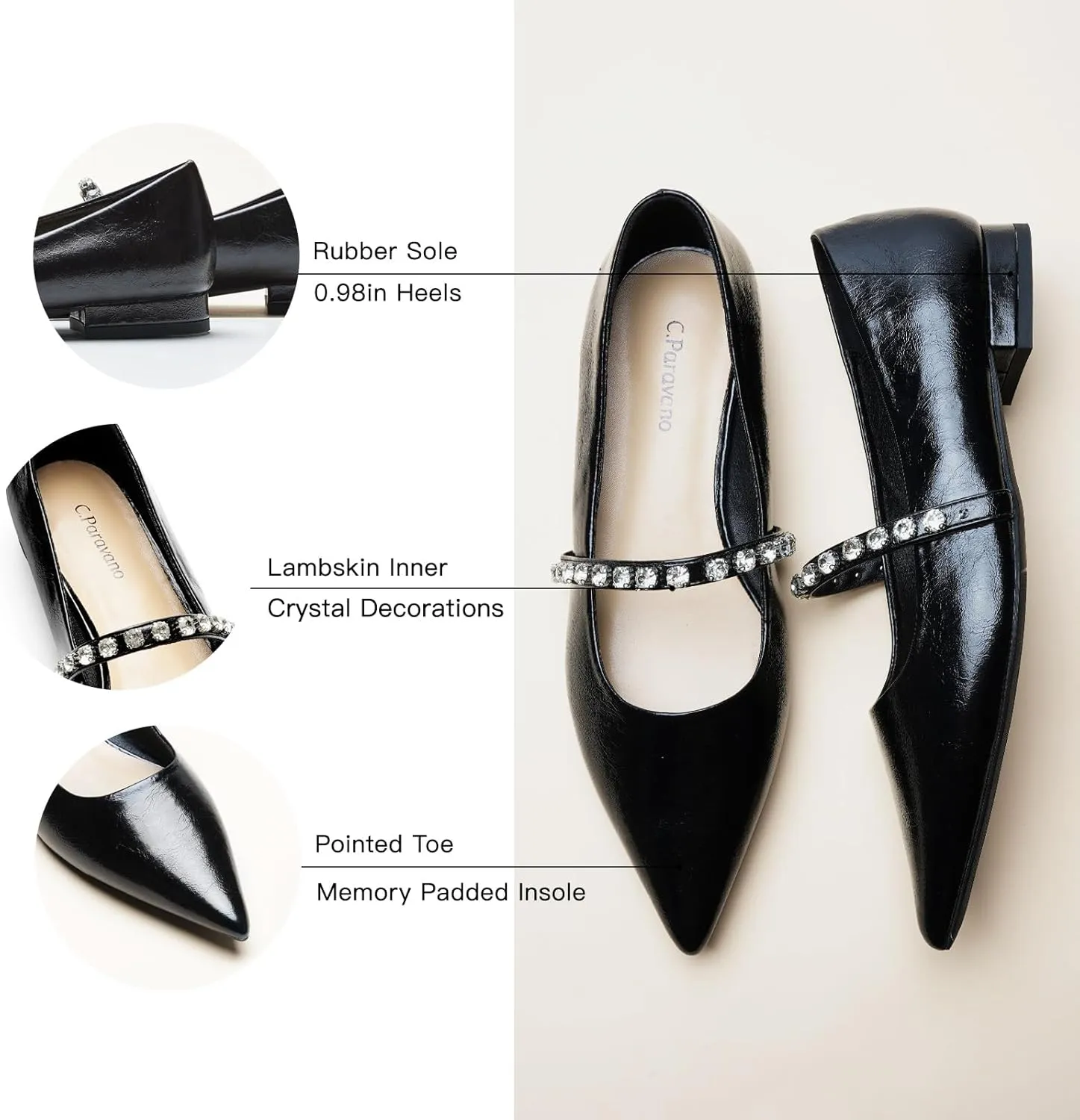 C.Paravano Crystal Strap Flats Pointed Toe Shoes Mary Jane Women's Flats for Dressy Office Causal