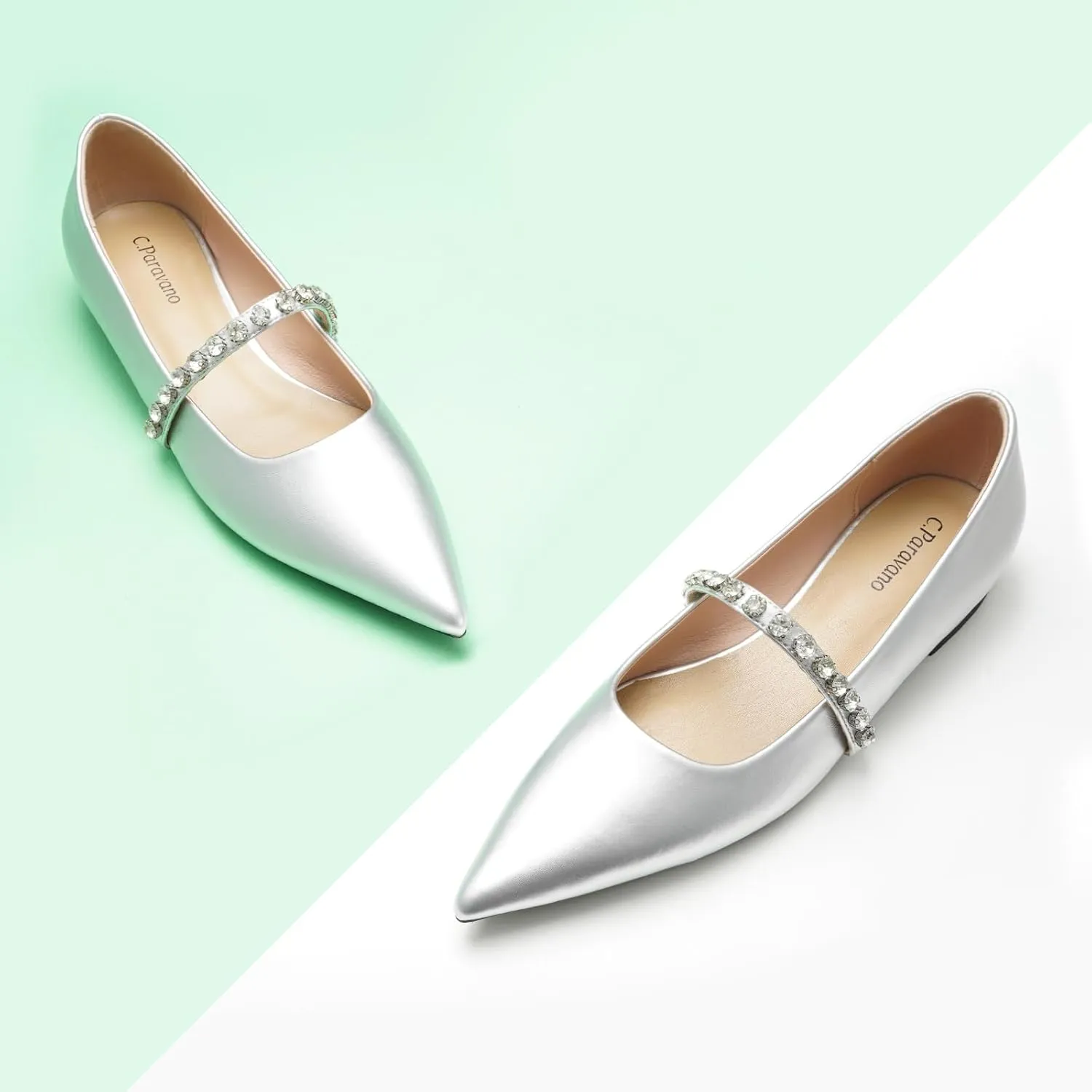 C.Paravano Crystal Strap Flats Pointed Toe Shoes Mary Jane Women's Flats for Dressy Office Causal