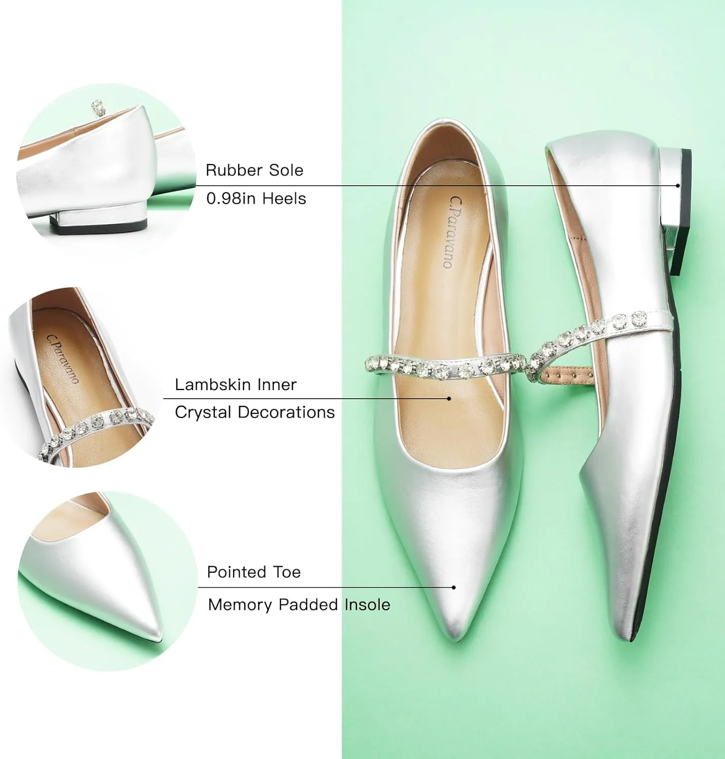 C.Paravano Crystal Strap Flats Pointed Toe Shoes Mary Jane Women's Flats for Dressy Office Causal