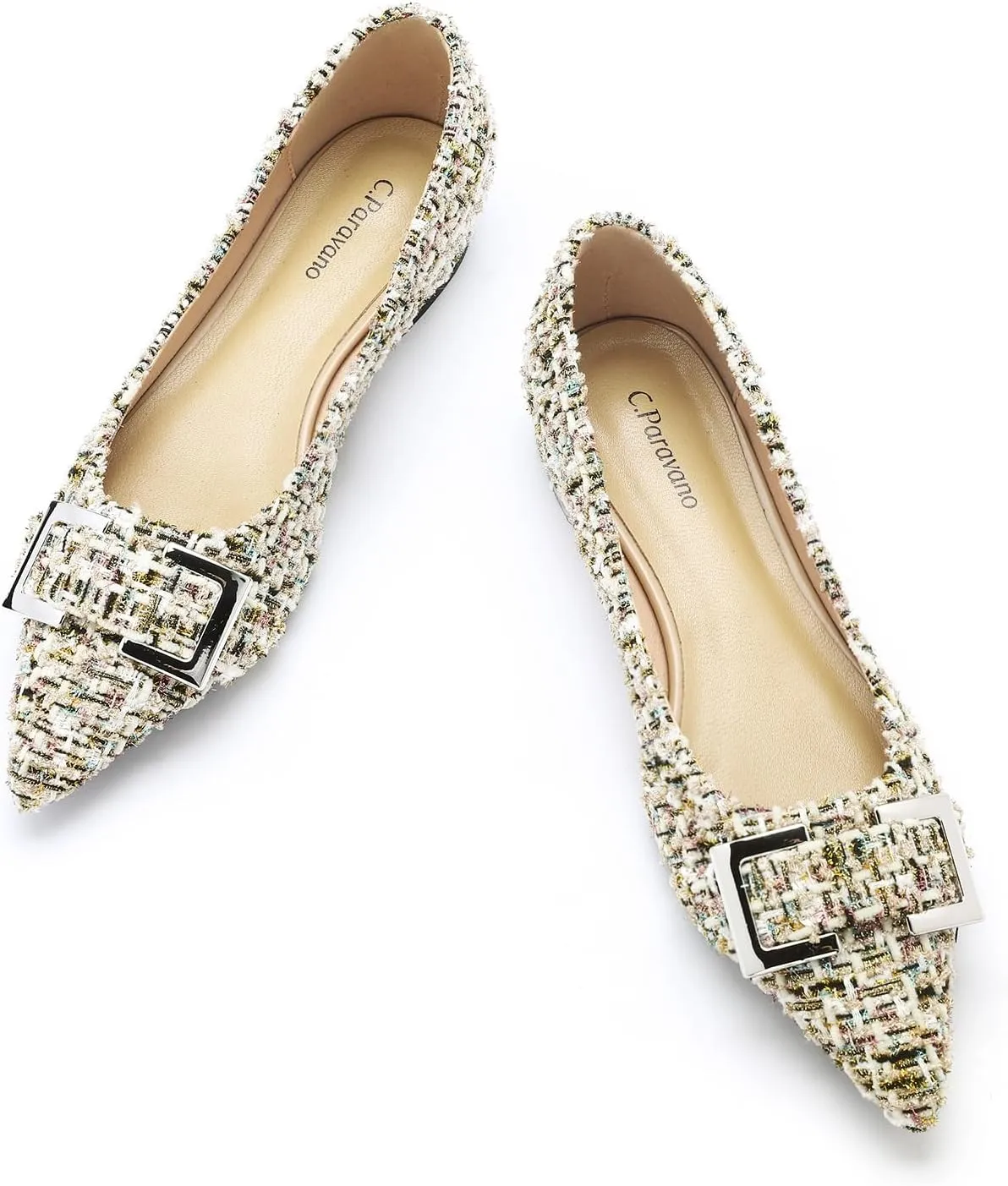 C.Paravano Pointed Toe Flats Women's Leather Ballet Flats with Square Metal Buckle for Work & Dressy Casual Multicolor