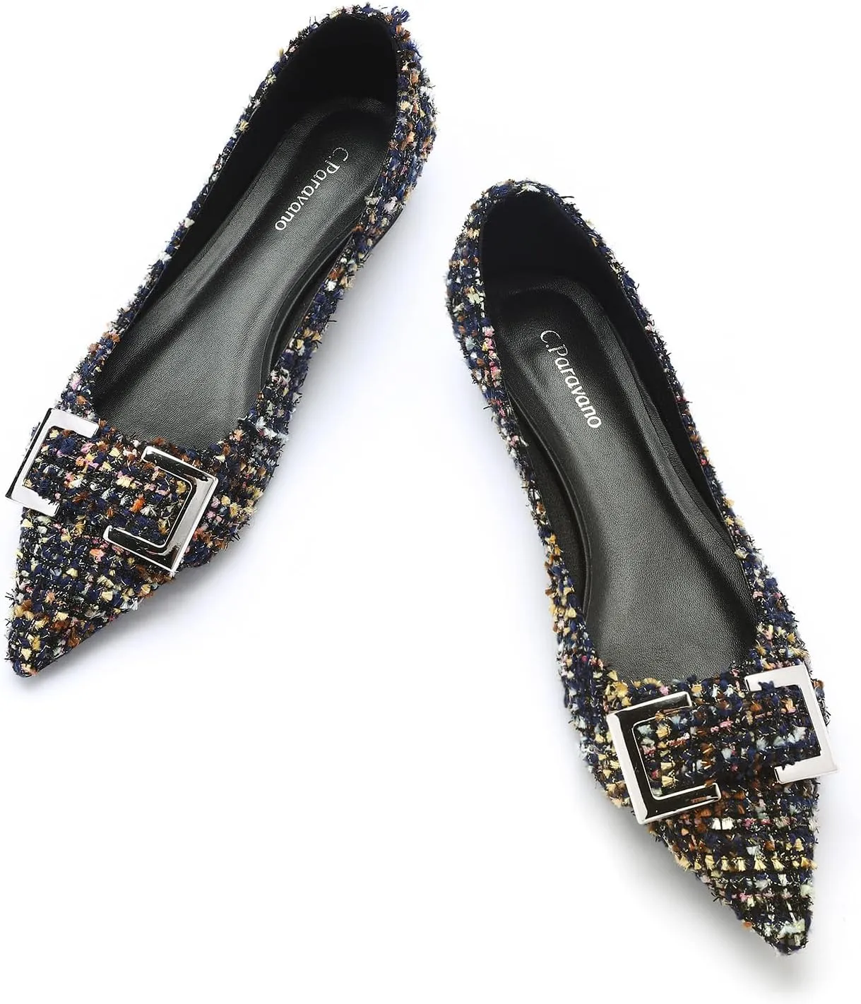 C.Paravano Pointed Toe Flats Women's Leather Ballet Flats with Square Metal Buckle for Work & Dressy Casual