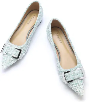 C.Paravano Pointed Toe Flats Women's Leather Ballet Flats with Square Metal Buckle for Work & Dressy Casual