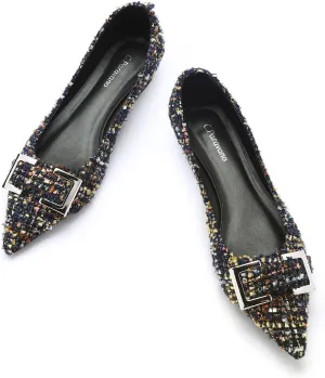 C.Paravano Pointed Toe Flats Women's Leather Ballet Flats with Square Metal Buckle for Work & Dressy Casual